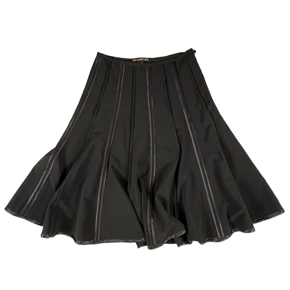 Dalia Collection Black Paneled Swing Skirt Size 4 Flared Midi Satin Trim Office